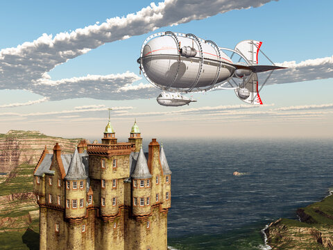 Fantasie Luftschiff über einem schottischen Schloss
