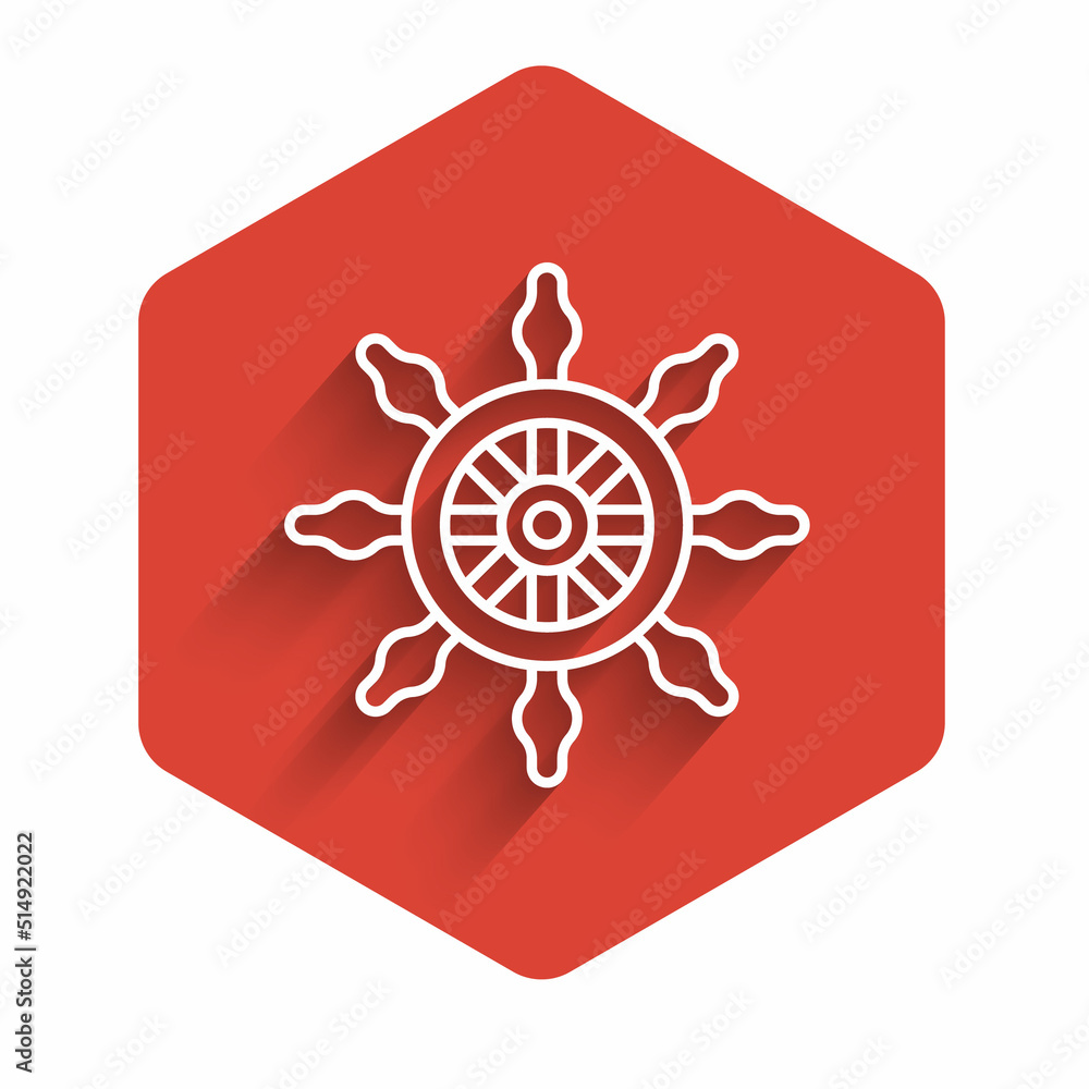 Poster white line ship steering wheel icon isolated with long shadow background. red hexagon button. vector