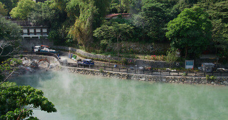 Hot spring pond at Xinbeitou thermal valley in Taiwan