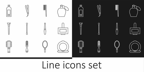Set line Makeup powder with mirror, Nail polish bottle, Hairbrush, Cotton swab for ears, Bottle of shampoo, file and Curling iron icon. Vector
