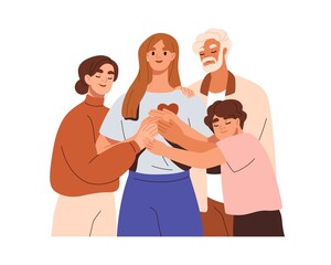 Family support, love, help concept. Happy senior parents, adult daughter and her son, portrait. Harmony in healthy bonding relationships. Flat vector illustration isolated on white background