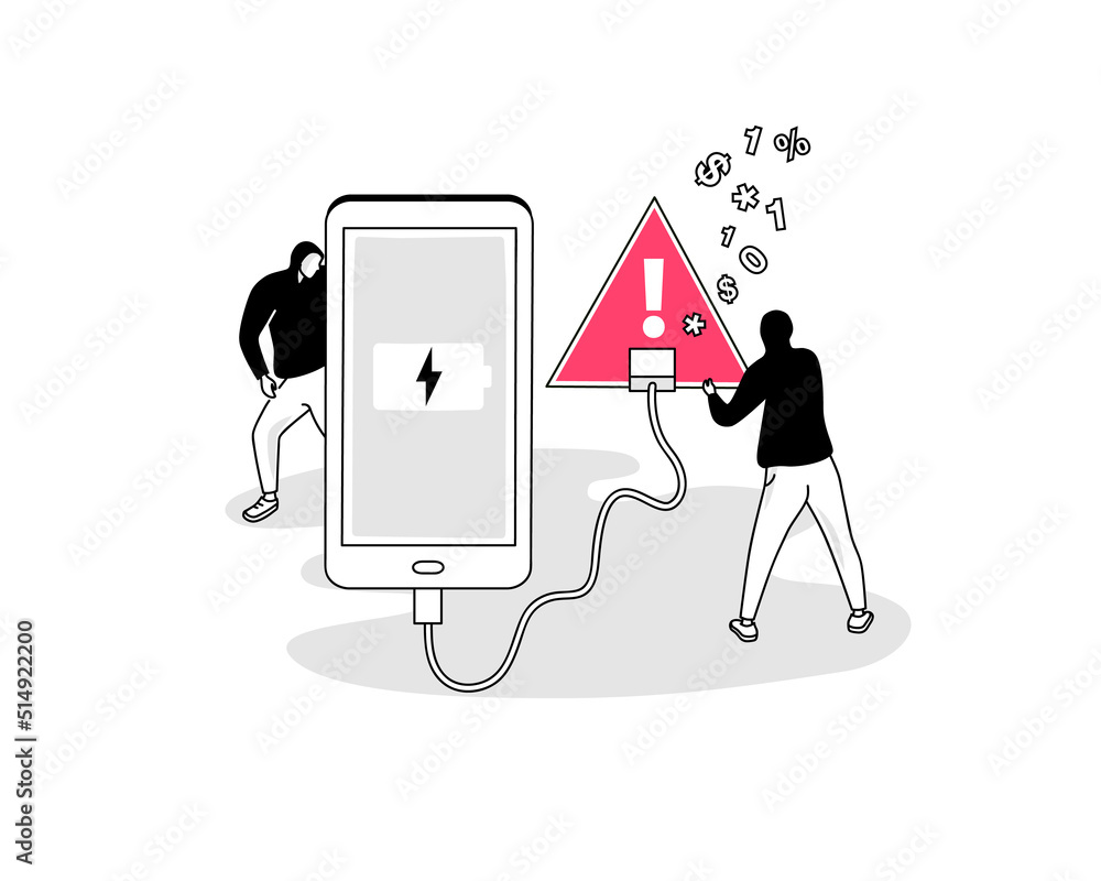 Aufkleber illustration of juice jacking attack symbol with a smartphone and a red usb charging port. easy to u