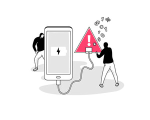 Illustration of juice jacking attack symbol with a smartphone and a red USB charging port. Easy to use for your website or presentation. - obrazy, fototapety, plakaty