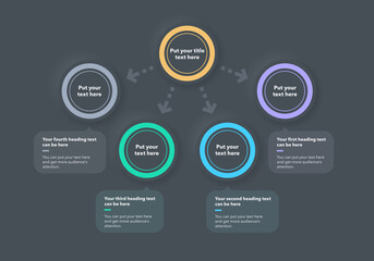 Simple process diagram template with four colorful stages - dark version. Easy to use for your website or presentation.