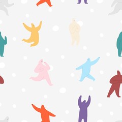 Fototapeta premium Abstract characters background. Cute yeti, cartoon snowman and giant snowfall. Funny emotional people. Decorative vector seamless pattern for kids cloth, wallpaper