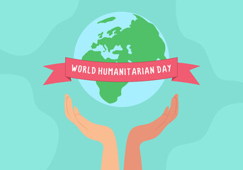 Happy world humanitarian international day banner poster with earth globe on opened hand on blue background.