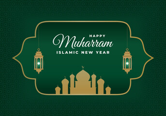 Islamic new year, happy muharram festival greeting card background with golden lanterns big mosque on green color.