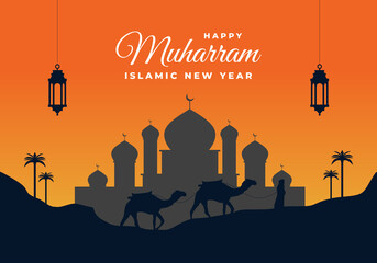 Islamic new year, happy muharram festival greeting card background with black lanterns, big mosque and camel on late afternoon desert.