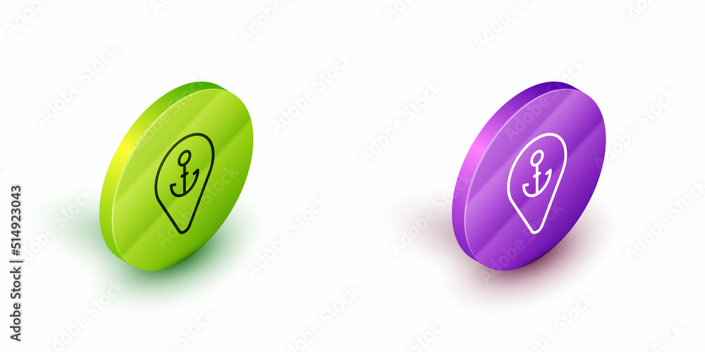Poster isometric line map pointer with anchor icon isolated on white background. green and purple circle bu