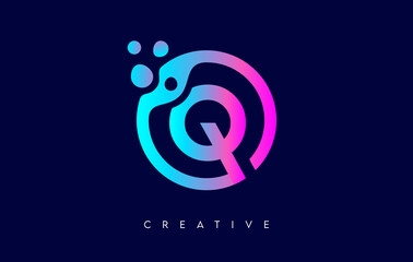 Letter Q Logo with Dots and Bubbles inside a Circular Shape in Purple Neon Colors Vector