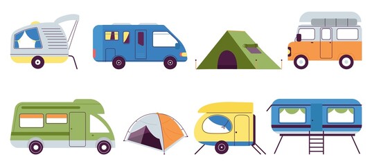 Summer camping transport. Vintage auto caravans, campers and trailers. Outdoor home on wheels, camp tent. Trip or adventure retro vehicle decent vector set