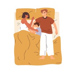 Family sleeping together. Sleepy parents and child dreaming, lying in bed, top view. Kid asleep in fetal position between mom and dad. Flat graphic vector illustration isolated on white background