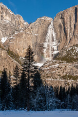 Overview of the ice-covered path of Yosemite falls on an early winter morning.