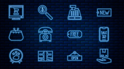 Set line Delivery hand with boxes, Mobile phone shopping cart, Cash register machine, Telephone, Wallet, Shopping computer, Price tag text Free and Magnifying glass dollar icon. Vector