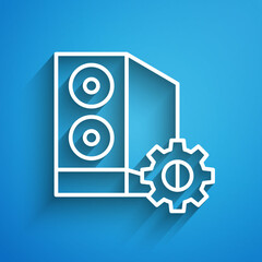 White line Case of computer setting icon isolated on blue background. Computer server. Workstation. Adjusting, service, maintenance, repair, fixing. Long shadow. Vector