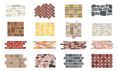 Natural stone textures. Italian square stones wall, granite block and cobble rock floor. Interior terrazzo pattern tiles, cartoon red bricks and marble decent vector set - obrazy, fototapety, plakaty