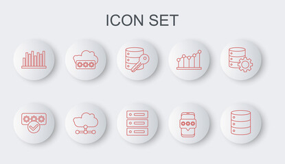 Set line Server, Data, Web Hosting, Password protection, security with key, Mobile and password, Pie chart infographic, Network cloud connection and icon. Vector
