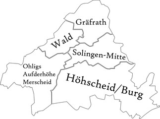 White flat vector administrative map of SOLINGEN, GERMANY with name tags and black border lines of its districts