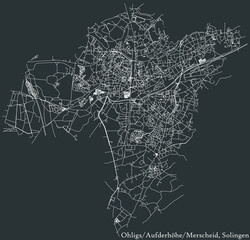 Detailed negative navigation white lines urban street roads map of the OHLIGS-AUFDERHÖHE-MERSCHEID DISTRICT of the German regional capital city of Solingen, Germany on dark gray background