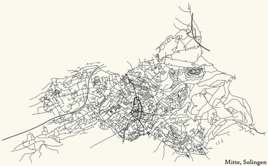 Fototapeta premium Detailed navigation black lines urban street roads map of the SOLINGEN-MITTE DISTRICT of the German regional capital city of Solingen, Germany on vintage beige background
