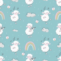 Sheep seamless pattern. Kid blanket print, white lamb and rainbow. Scandinavian style wallpaper design. Cartoon nowaday farm animals vector background