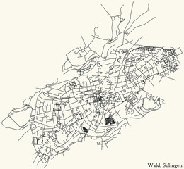 Detailed navigation black lines urban street roads map of the WALD DISTRICT of the German regional capital city of Solingen, Germany on vintage beige background