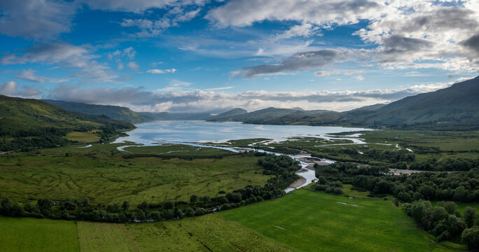 aerial view of the River Carron and Loch Carron in the Scottish Highlands near Strathcarron