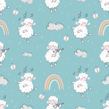 Sheep seamless pattern. Kid blanket print, white lamb and rainbow. Scandinavian style wallpaper design. Cartoon nowaday farm animals vector background