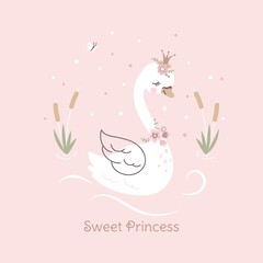 Swan princess poster. Vintage girl t-shirt print with sweet cute swans. Cartoon animal in crown, beauty kids graphics. Nowaday baby vector background