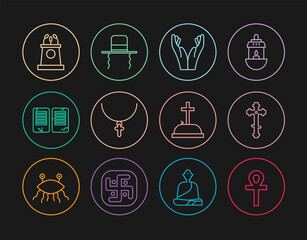 Set line Cross ankh, Christian cross, Hands in praying position, chain, The commandments, Stage stand or tribune, Tombstone with and Orthodox jewish hat sidelocks icon. Vector