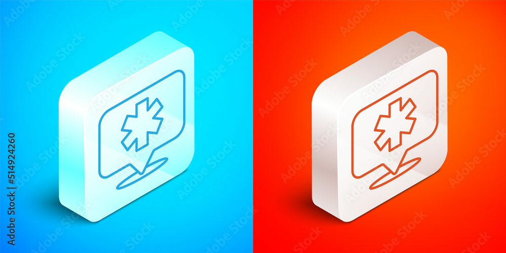 Poster isometric line medical map pointer with cross hospital icon isolated on blue and red background. sil