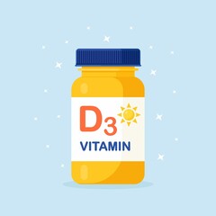 Vitamin D capsules in pill bottle. Vitamin complex with cholecalciferol. Medicine for deficiency reduction. Vector design