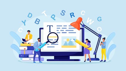 Blog authors writing articles, making valuable content. Freelance writers creating internet content. Copy writer workshop. Writing texts, creativity and promotion, seo marketing