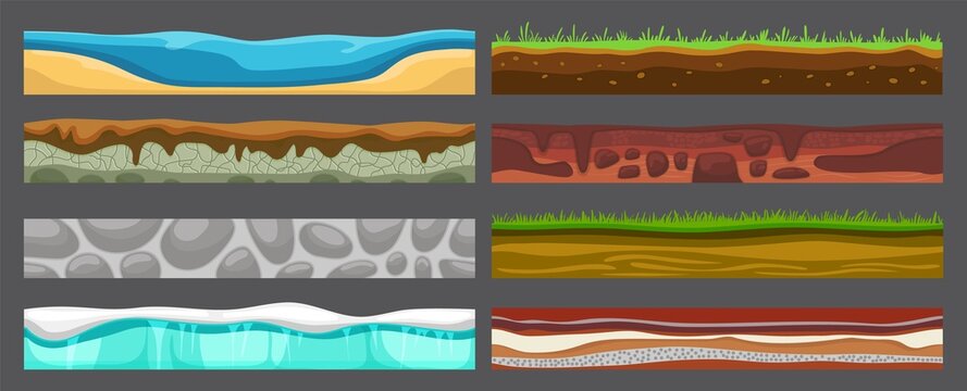 Cartoon seamless grounds. Surface ground level, beach, rocks game landscape. Gaming texture with water and stones, dirt soil and green grass, neoteric vector patterns