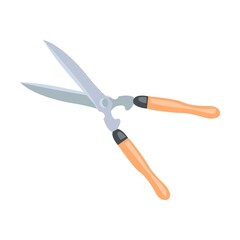 Gardening scissors. Garden tools illustrations in cartoon style. Bright gardening equipment, rake or shovel and lawnmower, farm or rural instrument on white