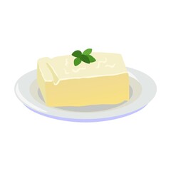 Milk food. Butter brick, bowl with curd, slice of cheese, yogurt cup, sour cream in pot. Vector illustration for dairy product