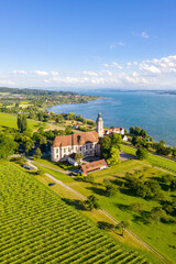 Cistercians monastery Birnau at Lake Constance aerial view portrait format baroque pilgrimage church in Germany - obrazy, fototapety, plakaty