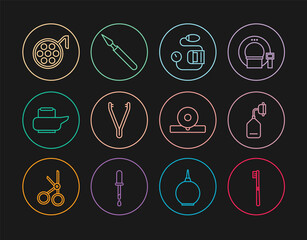 Set line Toothbrush, Medical oxygen mask, Blood pressure, tweezers, Bedpan, Surgery lamp, Otolaryngological head reflector and surgery scalpel icon. Vector
