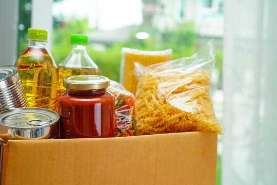 Foodstuffs In Donation Box For Volunteer.