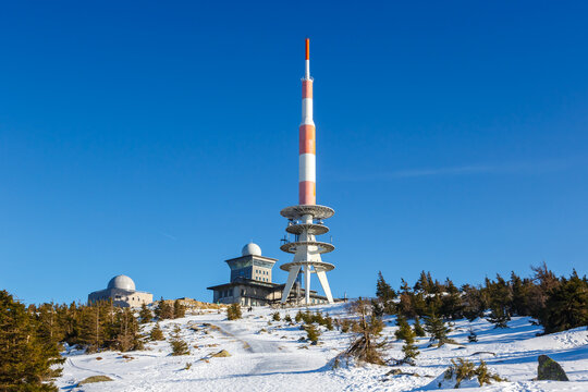 Brocken Mountain Peak In Harz With Snow In Winter In Germany