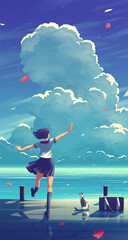 Naklejka premium vector, illustration, anime, japanese, high school, girl, dance, cat, harbor, background, blue sky, clouds, japan, after school, nature, landscape, scenery, clouds, moon, summer, grasses, countryside,