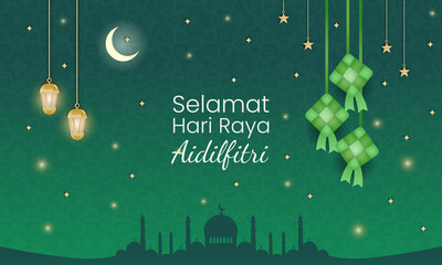Simple green sparkling starry Eid design for greeting © Yucred