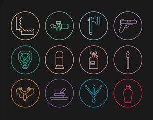 Set line Canteen water bottle, Medieval spear, Wooden axe, Bullet, Bear head on shield, Trap hunting, Camping gas stove and Sniper optical sight icon. Vector