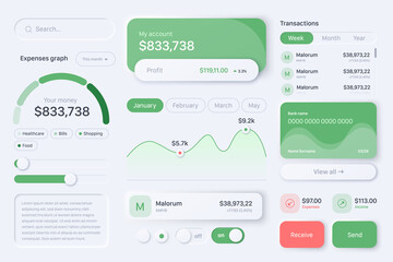 Neumorphism user interface design elements, widgets for online financial banking mobile application with charts, cards, account transactions, buttons in vector