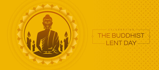 Celebrating The Buddhist lent day - brown buddha meditated sign and candles light in circle yellow lotus on yellow texture background vector design