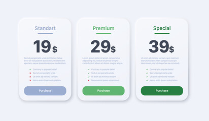 Product price table design with 3 types of subscription plans. Subscription plan with features checklist and discount pricing tabs. Tariff choice infographic in vector
