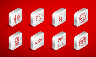 Set line Caviar on a plate, Scallop sea shell, Octopus, Puffer fish, Fishing bucket with fishes, and Canned icon. Vector