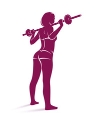 Young attractive woman with perfect muscular body training with a barbell vector illustration isolated, sport exercises active lifestyle.