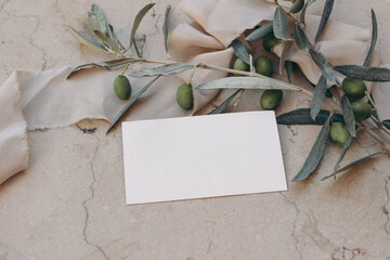 Summer branding, wedding stationery. Closeup of blank business card, invitation mock up on beige...