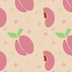 Vector seamless pattern with plum fruits and little flowers